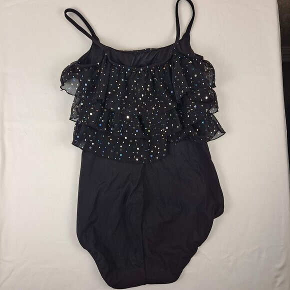Longitude Size 10 One Piece Swimsuit Black Ruffled Top Sequins Slimming - Picture 7 of 15